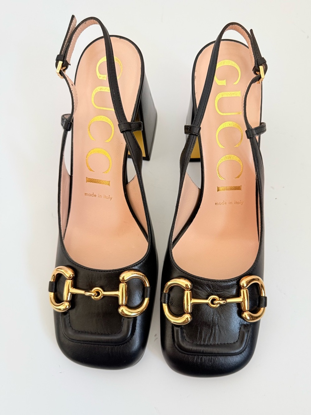 Gucci Malaga kid Horsebit 75mm Black Leather Slingback Pumps Gold Block Heel 38 - Picture 2 of 11